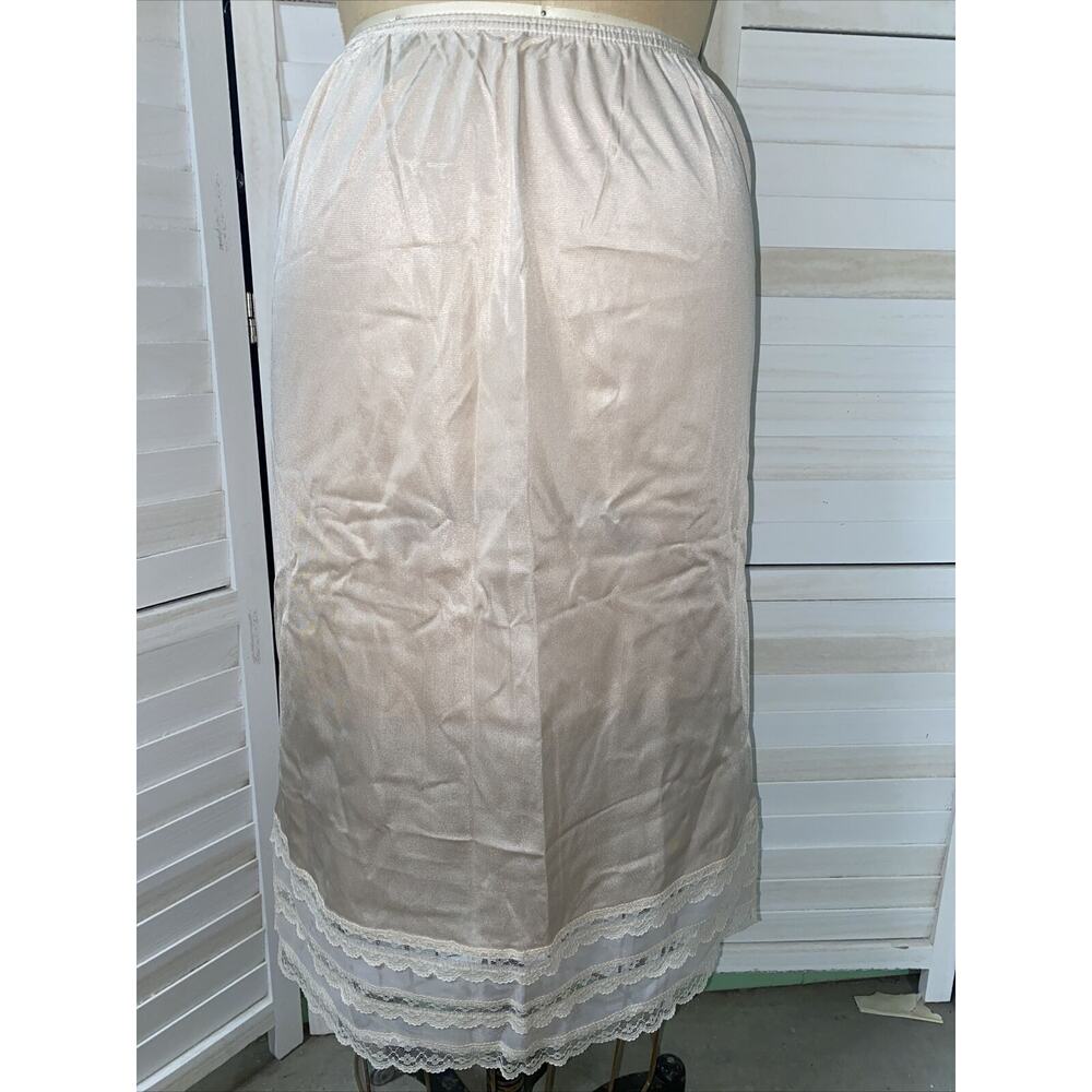 Vintage Nude Half Skirt Nylon Slip 28” Long Nylon Lace Trim Sz Small